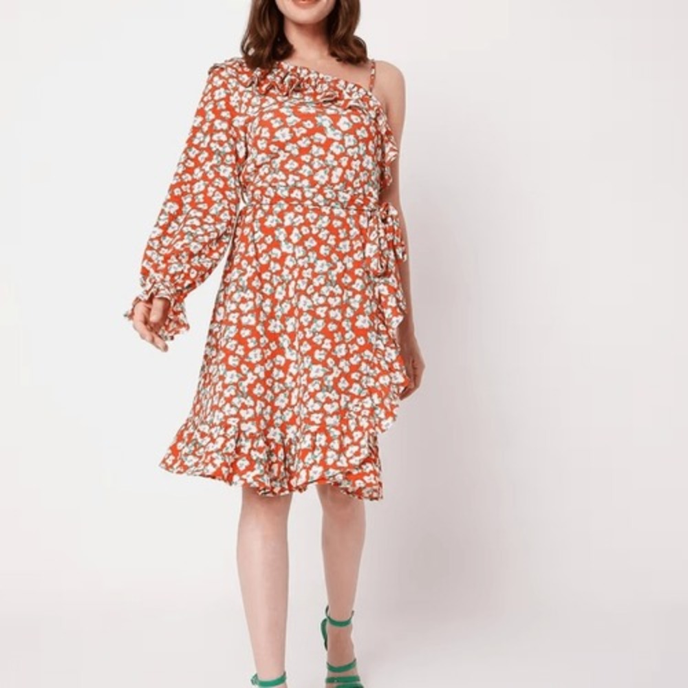Vero Moda Floral Print One  Shoulder Sleeve Fit-and-flare‎ Dress XL